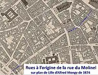 Anciennes rues ayant formé la rue du Molinel en 1924 sur plan de 1874