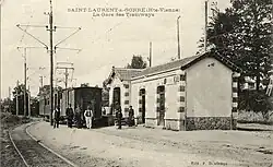 La gare des tramways de Saint-Laurent-sur-Gorre vers 1910.