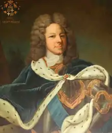 Peinture. Portrait en buste, main sur la hanche, en armure recouverte d'un manteau de velours bleu doublé d'hermine, qui laisse apparaître le cordon bleu de l'Ordre du Saint-Esprit.