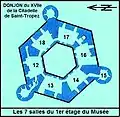 Plan du 1er étage du donjon avec ses sept salles.