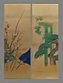 Les Trois Amis: Prunus en fleurs , Pin et bambous. Kakemono, format diptyque.Déb. XIXe siècle. Encre, couleurs, peinture à la poudre d'or s. soie, H. 97,3 cm. Musée Guimet