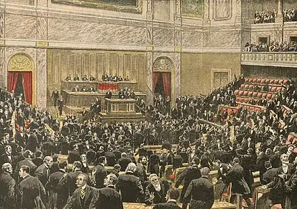 Dessin en couleur représentant des hommes en costumes trois pièces s’agitant dans un hémicycle