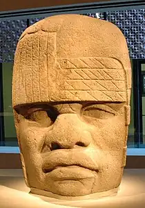 Photographie en couleurs d'une grande tête en pierre, dans un musée.