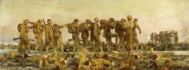 L'ypérite attaque prioritairement les muqueuses humides (poumons, lèvres), la peau moite et les yeux, rendant les victimes aveugles, ce qui complique encore leur prise en charge et les soins. (Gassed, par John Singer Sargent, 1918, huile sur toile, 231 × 611 cm).