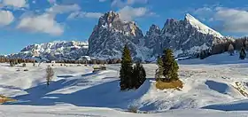 Le groupe du Sassolungo, à environ de 6 km, depuis l'Alpe de Siusi.