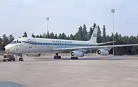 LN-MOO, le DC-8 impliqué dans l'accident, ici à l'aéroport de Stockholm-Arlanda en juillet 1967.