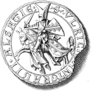 Dessin d'un homme à cheval avec un heaume et un bouclier, le tout entouré d'une inscription en latin : Lantgravii Alsatie S Ulric