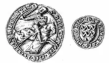 Dessin en noir et blanc de l'avers et du revers d'un ancien sceau de forme circulaire.