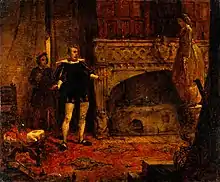 Grande cheminée avec cornues et autres objets les plus divers. Le baron qui vient d'entrer, suivi d'une autre personne, manifeste sa surprise. La jeune fille, en pantalon bouffant, est juchée sur un très haut tabouret.