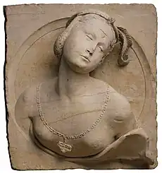 Anonyme, Buste de femme en médaillon. 1532.Calcaire, H. 60 cm.