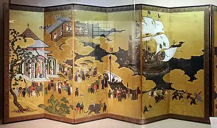 Paravent pliant à six panneaux. Couleurs et encre sur papier doré