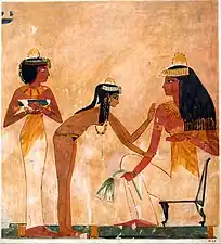 Deux servantes et une femme assise, fac-similé. Djéserkarêseneb (TT38), vers -1400/-1390.