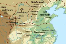 Les royaumes se partageant la Chine du Nord en 395-400, après la chute des Qin antérieurs.