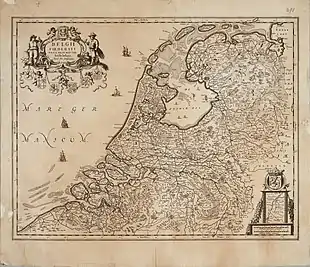 Carte des Provinces-Unies de 1658 avec le Zuiderzee au centre, tel qu'il était encore avant la création de l'Afsluitdijk.