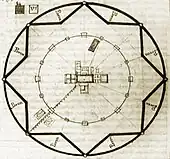Image d'un plan en noir et blanc dessiné à l'intérieur d'un carré avec une sorte d'étoile à huit pointes inscrites dans un cercle. Un trait droit mène au centre du plan où se trouvent diverses formes géométriques. Un deuxième cercle composé de petites formes géométriques se situe à équidistance entre la forme stellaire et le centre du plan.
