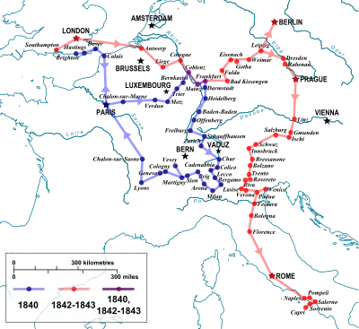 Carte des voyages de Mary Shelley en Europe.