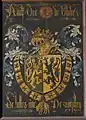 Armes d'Adolphe de Gueldre, peintes par Pierre Coustains au XVe siècle : le lambel touche encore les bords de l'écu mais les pendants sont désormais trapézoïdaux.