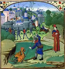 Siège de Paphos et Esculape contemplant le basilic. fol. 31v.