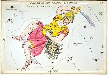Gravure colorée d'une constellation d'étoiles superposée au dessin d'un guerrier brandissant un sabre dans sa main droite et portant une tête de Gorgone tranchée dans l'autre. Le titre de la gravure au-dessus de l'image est PERSEUS AND CAPUT MEDUSÆ.