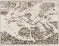 Le siège d'Anvers en 1585 par Jan Luyken vers 1679 avec le détail des noms des forts du Liefkenshoek, Sainte-Marie et Saint-Philippe en néerlandais.
