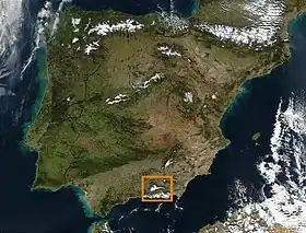 Image satellite de localisation de la sierra Nevada dans la péninsule Ibérique.