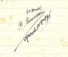 Signature de Raymond Queneau sur un cahier d'écolier, conservée à la Bibliothèque Armand Salacrou