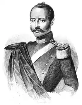 Dessin en noir et blanc d'un homme avec une moustache dans des habits de lieutenant et portant une cape