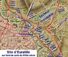 Site d’Euralille I et II sur carte du XVIIIe siècle.