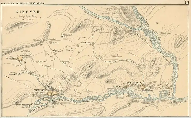 Carte de la région de Ninive vers le milieu du XIXe siècle, avec divers sites assyriens : Ninive, Nimroud, Khorsabad, Balawat, Sharif Khan, Tell Billa. W. Smith, Atlas of ancient geography, biblical and classical, 1874.