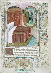 Un personnage couché dans son lit à baldaquin avec une vue de son rêve