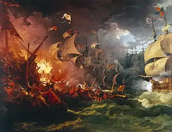 La grande Armada espagnole attaquée par les brûlots anglais à Gravelines en 1588, peinture de Philippe-Jacques de Loutherbourg, 1796.
