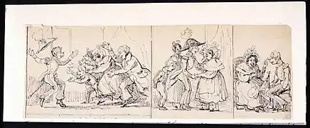 "Unge Sparf kommer hem till familjen, som färdig officer." Encre 1840.