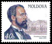 Timbre représentant Pan Halippa et le Palais Sfatul Țării en arrière-plan.