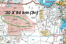 Ellipse prévue d'atterrissage de la capsule, en rose le terrain militaire de l'Utah.