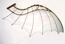 Photo d'une structure en bois et toile en forme d'aile de chauve-souris.