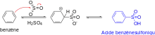 Schéma des étapes de la sulfonation du benzène, aboutissant à l'acide benzènesulfonique