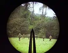 photographie en couleur montrant un pré et une forêt vus à travers un viseur circulaire avec une barre verticale au centre