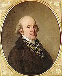 Peinture en plan poitrine d'un homme de profil, tête tournée vers l'artiste. Cadre ovale.