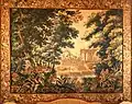 Tapisserie d'Aubusson (XVIIe siècle).Paysage : jardin à la française, fontaine et architecture.