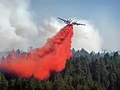 avion larguant un nuage de liquide rouge sur une forêt.