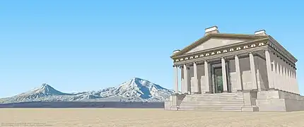 Essai de restitution du temple de Tyr Apollon à Artaxata, situé dans la ville basse, près de la rivière Araxe.