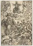 Albrecht Dürer, 1498. Planche de l'L'Apocalypse : Une femme revêtue du Soleil et le dragon à sept têtes. H. 40,5 cm.