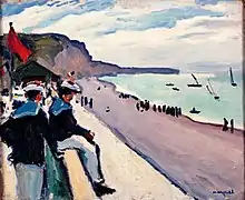 Peinture représentant au premier plan à gauche un marin assis et l'autre debout sur la rambarde d'un front de mer, regardant l'anse de la plage et la baie
