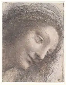 Dessin représentant le visage d'une femme au regard incliné vers le bas.