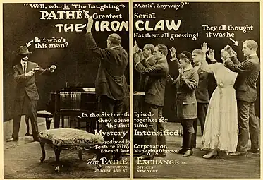 Un criminel masqué menace Pearl White. Publicité pour le serial américain Le Masque aux dents blanches (1916).
