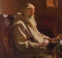 Peinture d'un vieil homme en habit de moine, tonsuré, assis et tenant un livre.