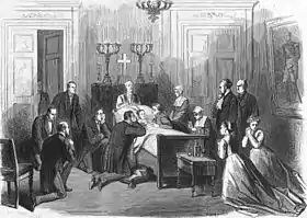 Léopold, neuf ans, gît sur son lit mortuaire entouré par le roi Léopold à gauche, revêtu d'une redingote, il est agenouillé sur un coussin et tient ses mains sur son visage et par Marie-Henriette à droite, les cheveux noués, se tenant accoudée au lit. À gauche dans la chambre, cinq hommes en habit, dont trois sont agenouillés, tandis qu'à droite se tiennent deux religieuses, deux hommes debout et deux jeunes filles agenouillées. Derrière le dossier du lit se tient un prêtre debout devant un crucifix