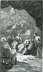 Gravure. Dans une caverne rocheuse, divers personnages dont une reine alanguie au centre.