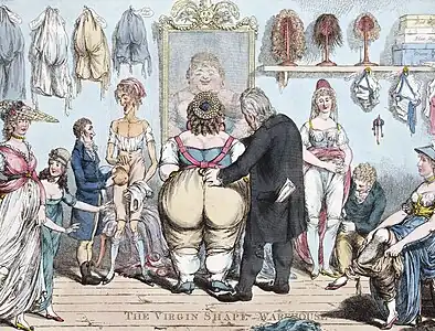 Gravure satirique d'un magasin de corsets.