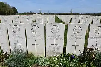 Tombes de soldats canadiens tombés le 26 août 1918 lors de la libération définitive de Tilloy.